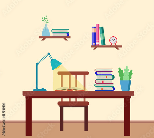 Interior of the room with a desk, books, a lamp, shelves on the wall with textbooks, a clock. Vector illustration of the concept of education, teaching school assignments.