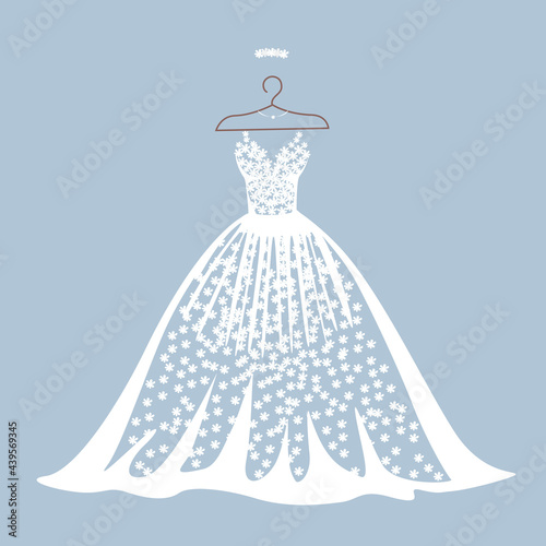 A beautiful lace dress hangs on a hanger for a wedding, evening or prom. Beauty and fashion. Background vector illustration template for invitation, flyer or card.