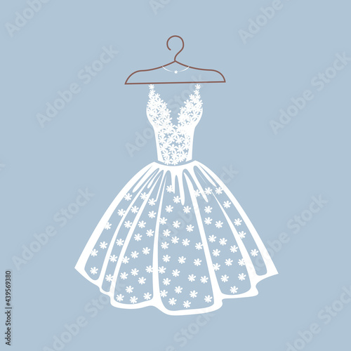 A beautiful lace dress hangs on a hanger for a wedding, evening or prom. Beauty and fashion. Background vector illustration template for invitation, flyer or card.