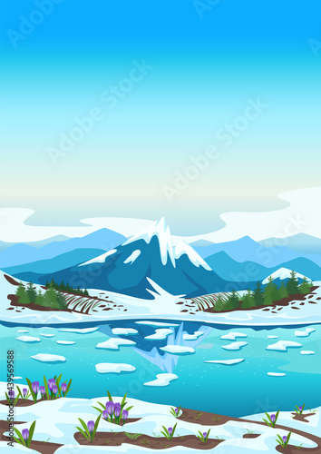 Spring landscape with river, mountains, forest, fields, melting snow and crocus. Beautiful spring background illustration. Vector