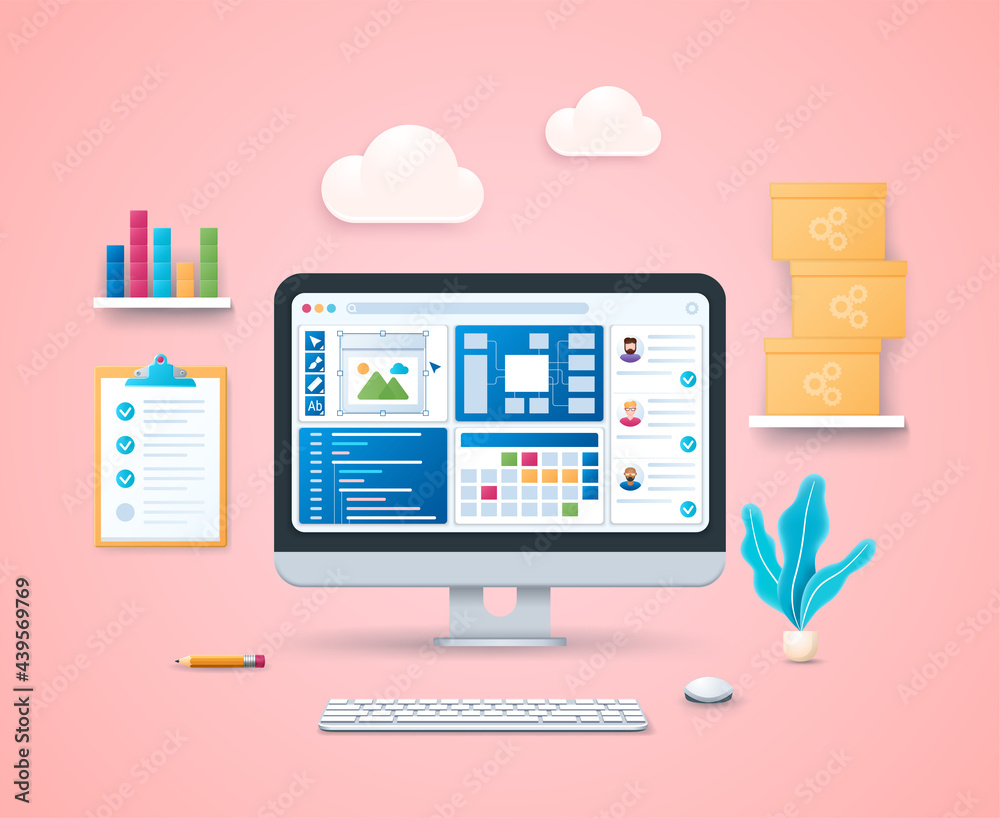 Product engineering design template. Process of innovating, designing, developing, testing and deploying a software product. Computer with open pages on screen. Keyboard and mouse. Web vector illustra Product engineering design template. Process of innovating, designing, developing, testing and deploying a software product. Computer with open pages on screen. Keyboard and mouse. Web vector illustra