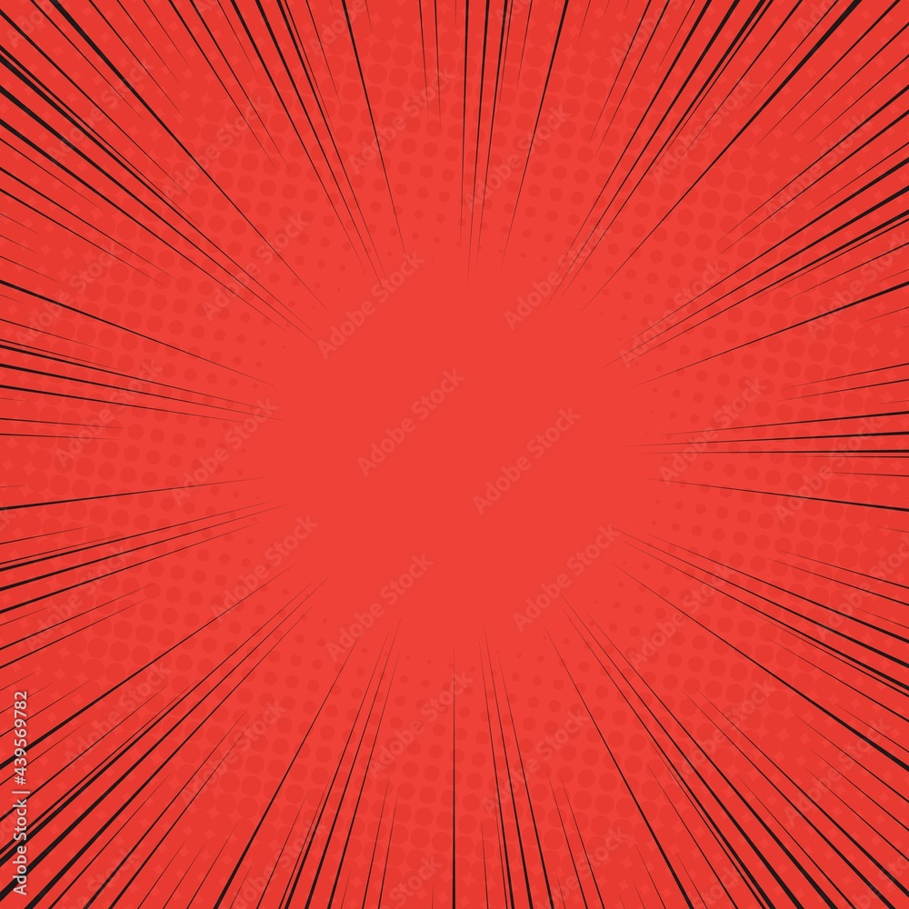Radial Speed Line background. Vector illustration. Comic book black and red radial lines background. Halftone.