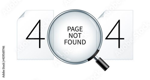 Page not found design template. Error 404 webpage banner, search result message. Image of two blank pages and a magnifying glass. Web vector illustrations in 3D style