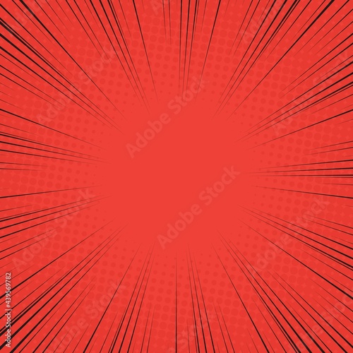 Radial Speed Line background. Vector illustration. Comic book black and red radial lines background. Halftone.