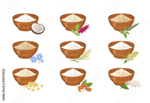 Gluten-free flour in wooden bowl. Set of different types of flour. Coconut, amaranth, chia, flaxseed, rice, quinoa, chickpea, almond, buckwheat. Organic healthy food. Vector cartoon flat illustration.