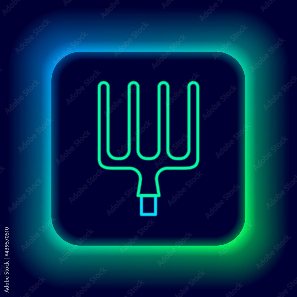 Glowing neon line Garden pitchfork icon isolated on black background. Garden fork sign. Tool for horticulture, agriculture, farming. Colorful outline concept. Vector Glowing neon line Garden pitchfork icon isolated on black background. Garden fork sign. Tool for horticulture, agriculture, farming. Colorful outline concept. Vector
