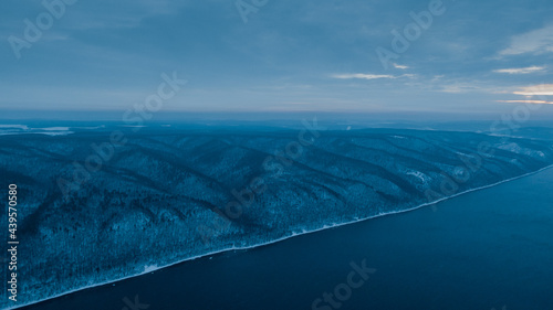 Volga river in the evening, drone winter landscape photo