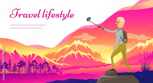Climber reached summit of mountain. Traveling and technology concept. Lady with smartphone posing for self photo on background of mountain landscape. Travel lifestyle website landing page template