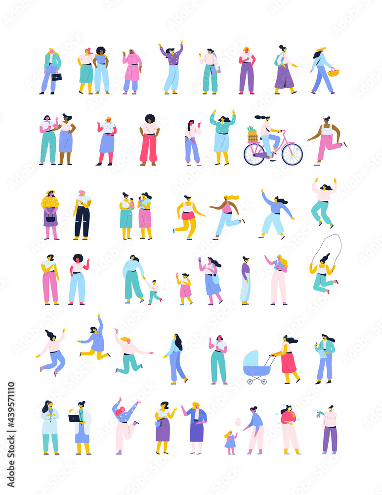 Different Young woman, lady, girl, teenage girl cartoon flat vector set. Different Young woman, lady, girl, teenage girl cartoon flat vector set.