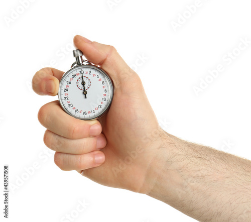 Man holding analog timer on white background, closeup