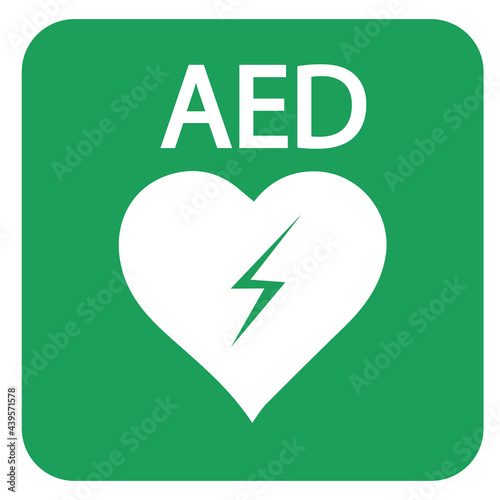 AED,automated external defibrillator / aed sign with heart and electricity symbol flat vector icon	
