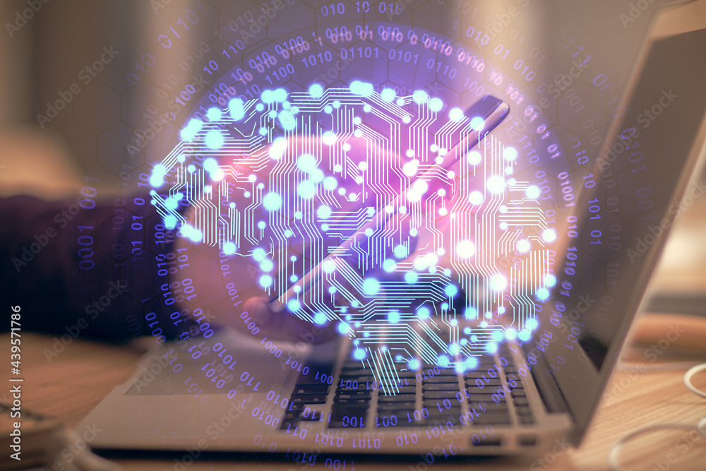 Double exposure of man's hand holding and using a digital device and brain hologram drawing. Data concept. Double exposure of man's hand holding and using a digital device and brain hologram drawing. Data concept.