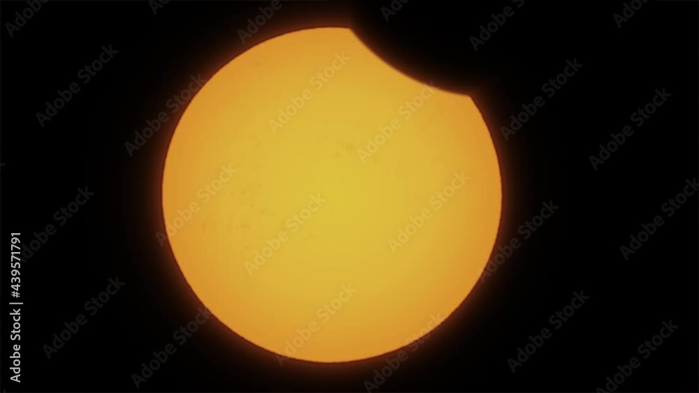 Time lapse of partial solar eclipse. The moon mostly covers the visible sun. Natural phenomenon of near full sun eclipse. Moon cast shadows covering sun. International space station ISS transition.