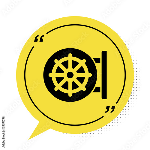 Black Dharma wheel icon isolated on white background. Buddhism religion sign. Dharmachakra symbol. Yellow speech bubble symbol. Vector