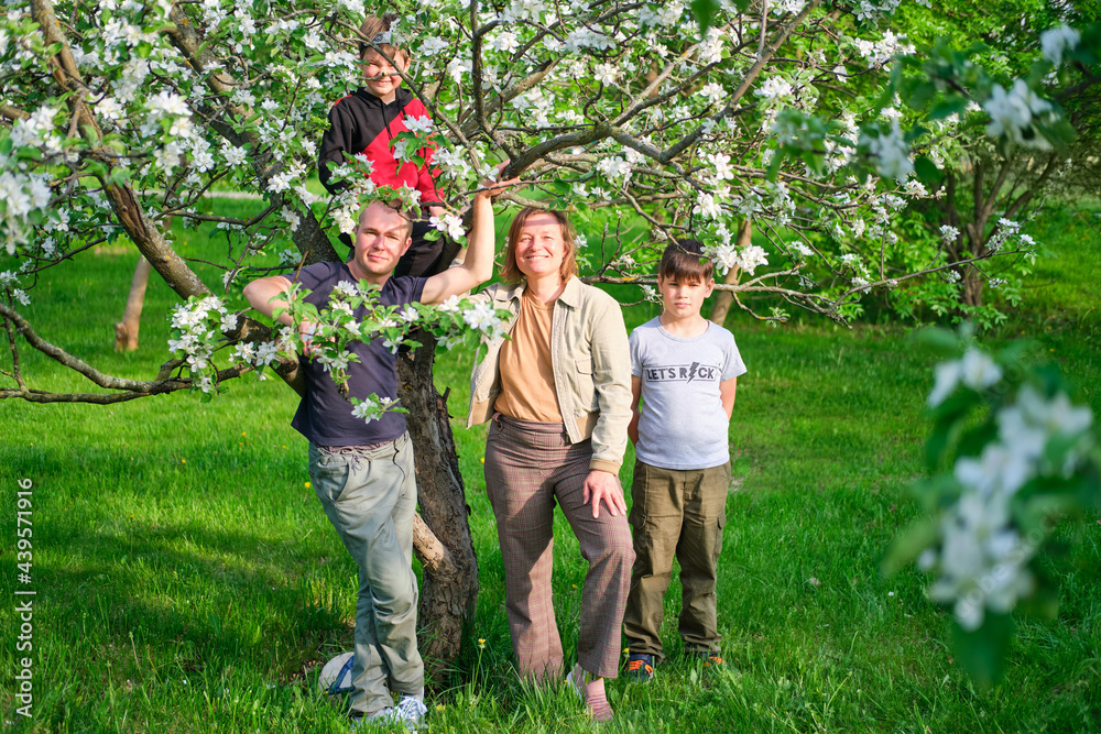 Fototapeta premium Mom, dad and children on a walk in the spring apple orchard