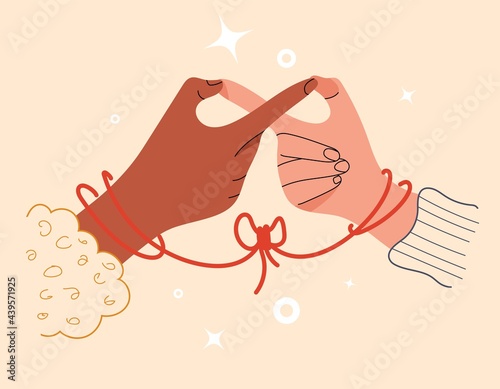 Infinity sign with two-finger gesture. Soulmates connected by red thread of fate. Symbol of eternal love, friendship. Eastern promise of love. Red string on hands of couple. Vector stock illustration.