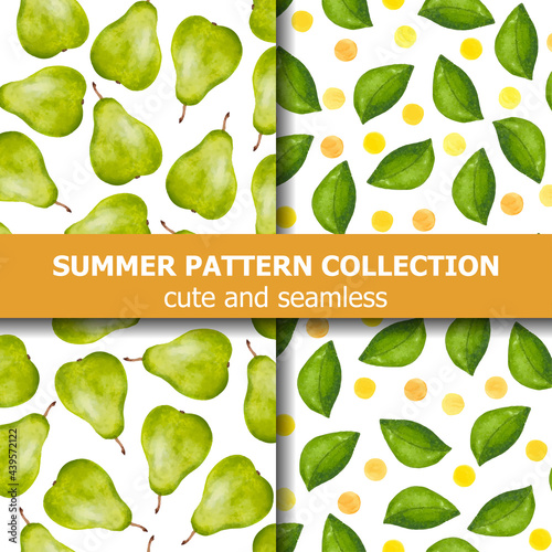 Delicious summer pattern collection with watercolor pears and dots. Summer banner.