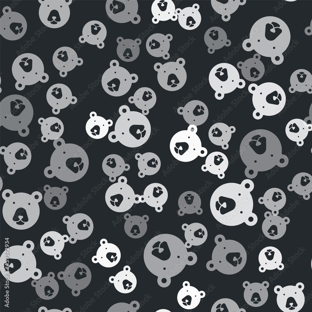 Grey Bear head icon isolated seamless pattern on black background. Vector