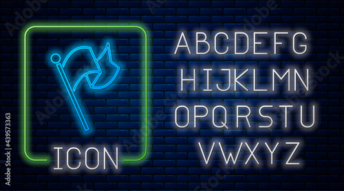 Glowing neon Flag icon isolated on brick wall background. Victory, winning and conquer adversity concept. Neon light alphabet. Vector