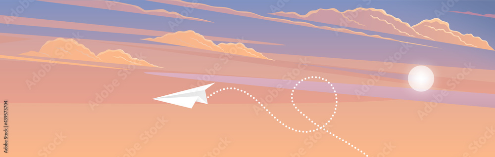 Paper plane flying over sunset sky landscape. Airplane flying among clouds and sun, art style. Pattern design vector illustration. Red airplane on pattern layout. Aircraft flies next to sunset Paper plane flying over sunset sky landscape. Airplane flying among clouds and sun, art style. Pattern design vector illustration. Red airplane on pattern layout. Aircraft flies next to sunset
