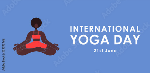 International Yoga Day. Young black girl doing meditation. Black woman in the lotus Yoga pose. Healthy lifestyle. Vector illustration in flat style. Eps 10.