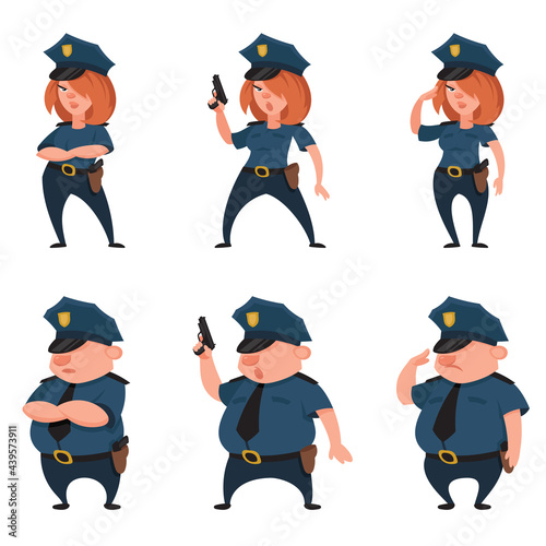 Police officers in different poses. Male and female characters in cartoon style.