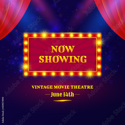 Theater or cinema sign design. Shining retro billboard with spotlights. Vintage movie theatre poster. Vector illustration.