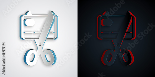 Paper cut Scissors cutting a credit card icon isolated on grey and black background. Online payment. Cash withdrawal. Financial operations. Shopping sign. Paper art style. Vector