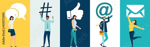 Social media concept: digital app symbols for bloggers and influencers sharing with audience. Flat vector hashtag sign, like, wireless network. E-Marketing, followers and social network idea.