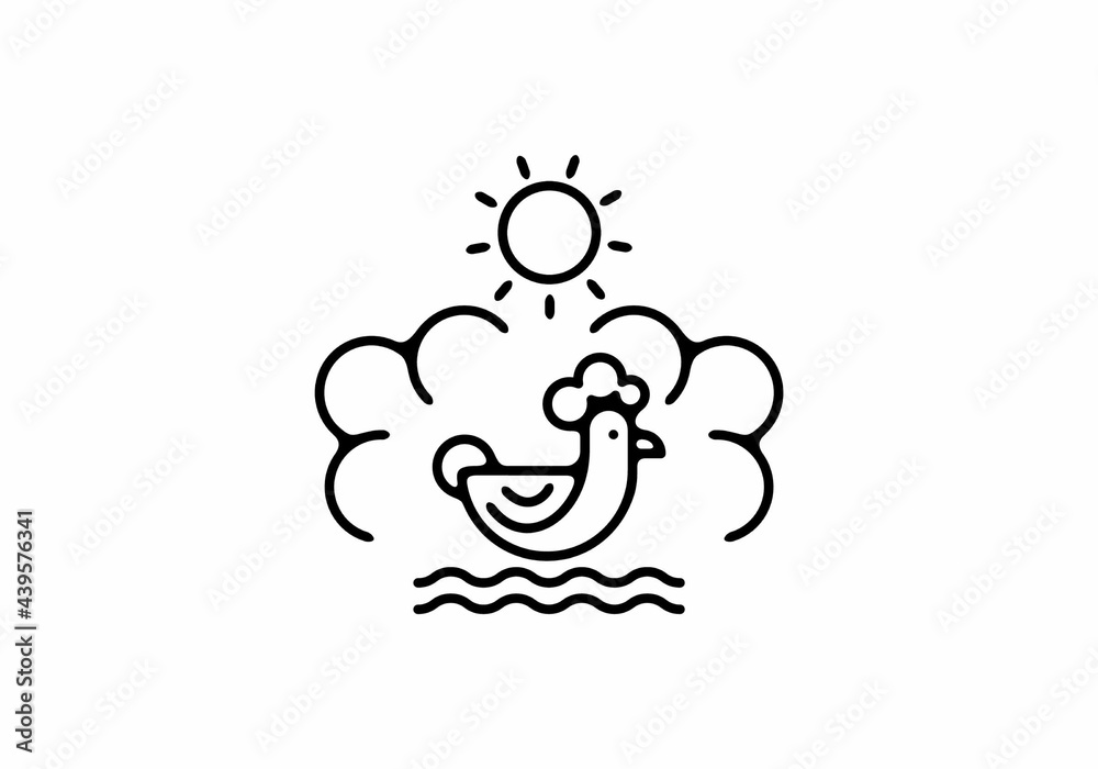 Black line art illustration of rooster and sun Black line art illustration of rooster and sun
