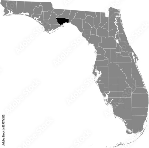 Black highlighted location map of the US Wakulla county inside gray map of the Federal State of Florida, USA