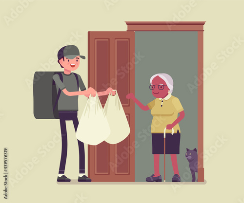 Senior people social support, older adult care, home food delivery service. Assistance, volunteer helping elderly citizen staying home in isolation, loneliness. Vector flat style cartoon illustration