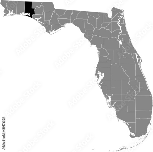 Black highlighted location map of the US Walton county inside gray map of the Federal State of Florida, USA
