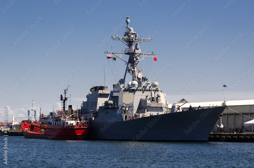 WARSHIP - US Navy guided missile destroyer moored at the seaport wharf
WARSHIP - US Navy guided missile destroyer moored at the seaport wharf
