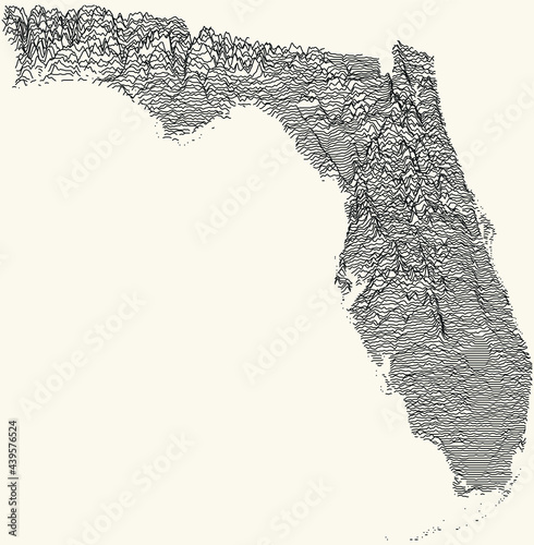 Light topographic map of the Federal State of Florida, USA with black contour lines on beige background