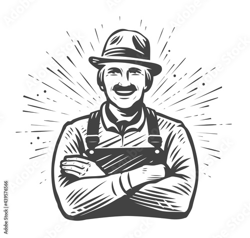 Happy farmer in hat with crossed arms drawn in sketch style. Farm, agriculture concept. Vintage vector illustration