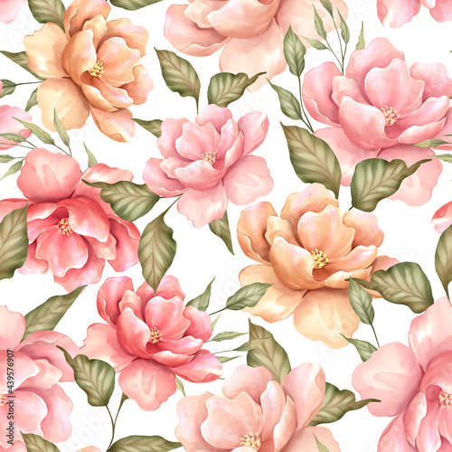 Fototapeta Naklejka Na Ścianę i Meble -  Seamless pattern with flowers and leaves. Floral pattern, watercolor style