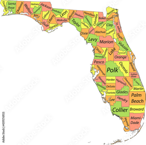 Pastel vector map of the Federal State of Florida  USA with black borders and names of its counties