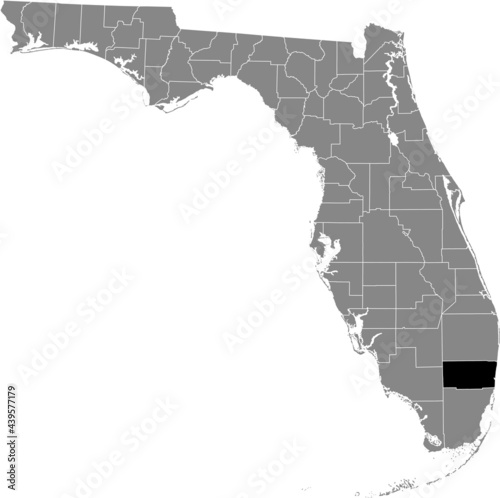 Black highlighted location map of the US Broward county inside gray map of the Federal State of Florida, USA