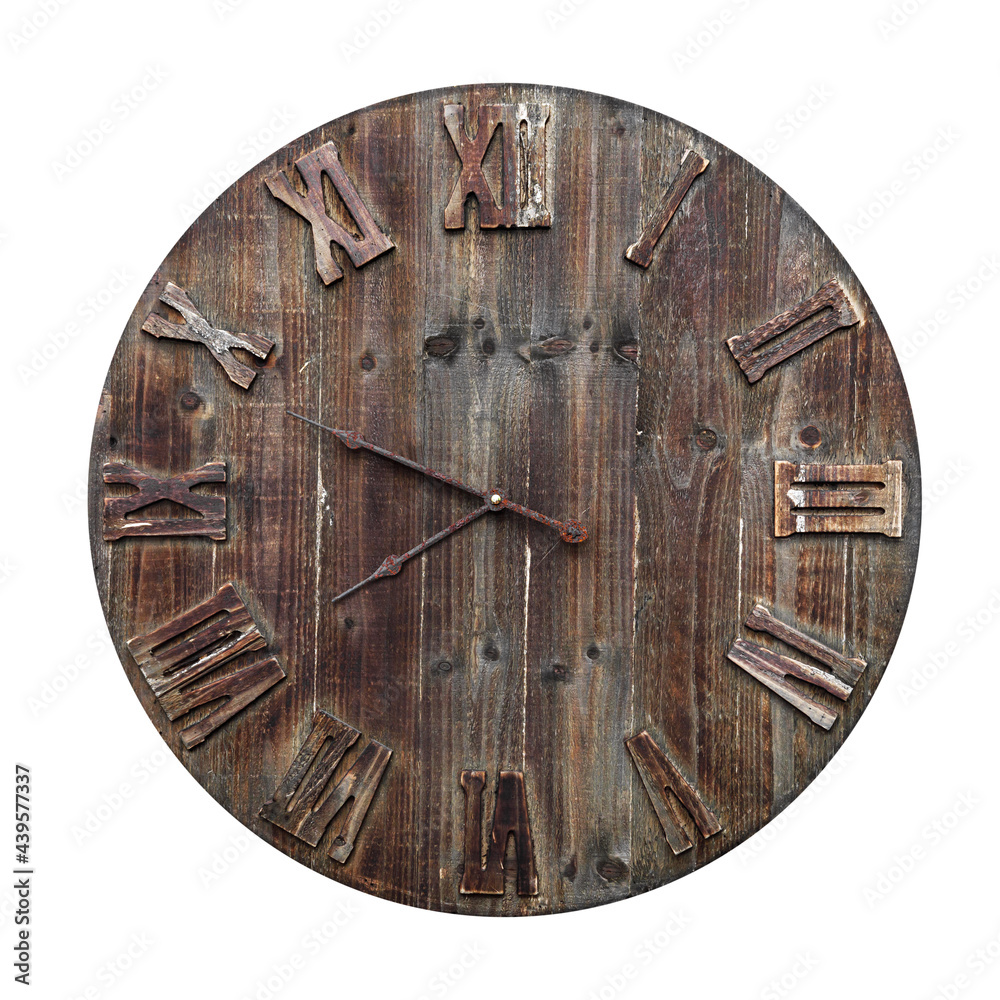 Fototapeta premium Old and wooden clock with the roman numerals isolated on white background
