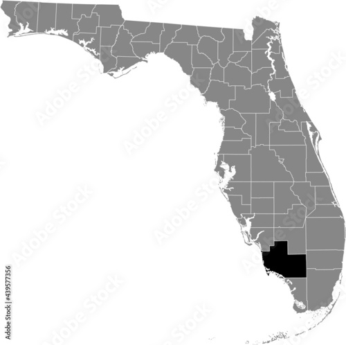 Black highlighted location map of the US Collier county inside gray map of the Federal State of Florida, USA