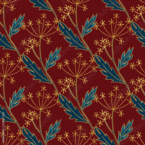 Red and Blue Botanical with Golden Outline Vector Seamless Pattern