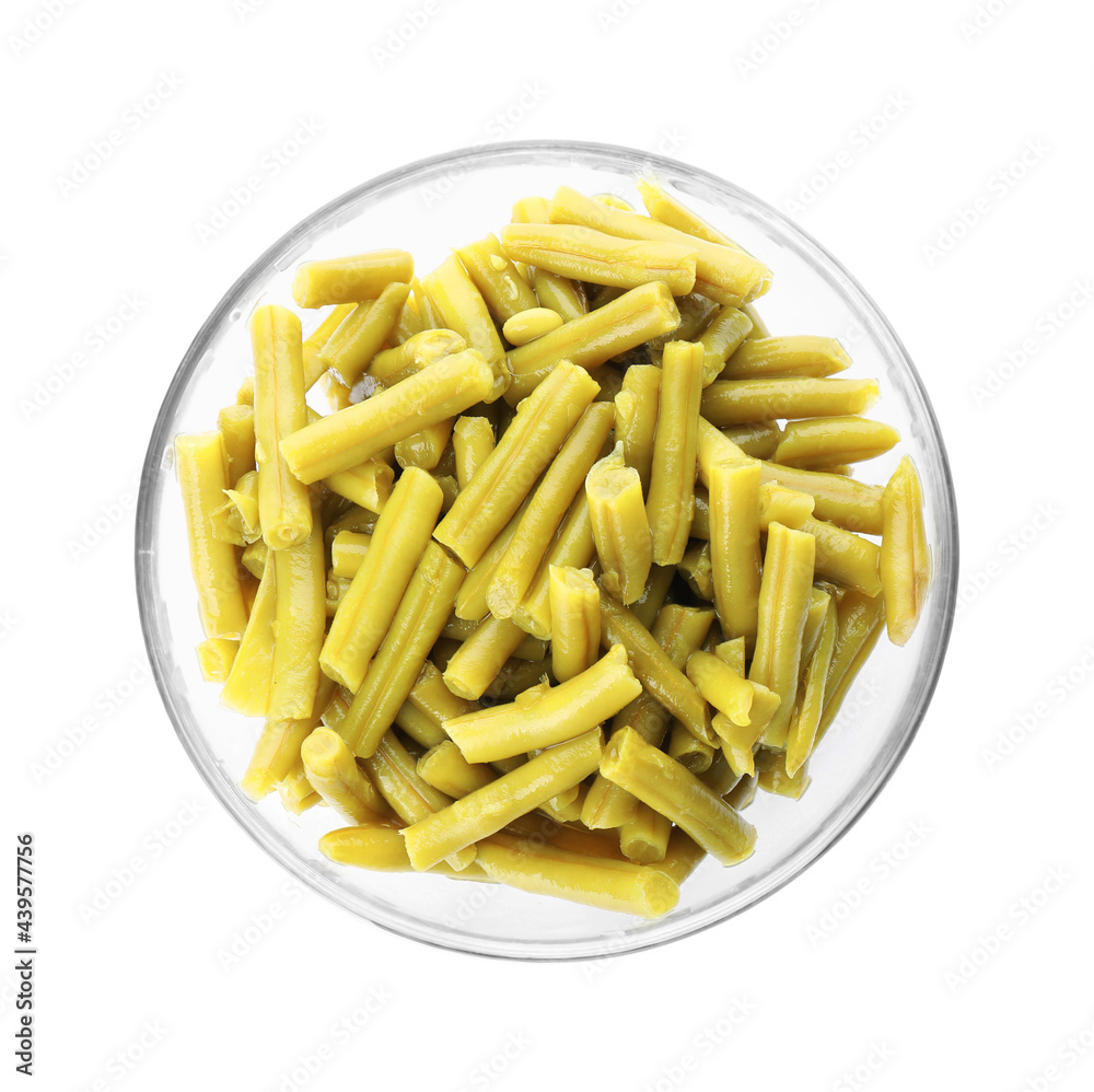 Canned green beans in bowl isolated on white, top view Canned green beans in bowl isolated on white, top view