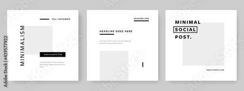 Grey tones minimal social media templates with place for photos, clean editable square banners, instagram and facebook with minimalistic design photo