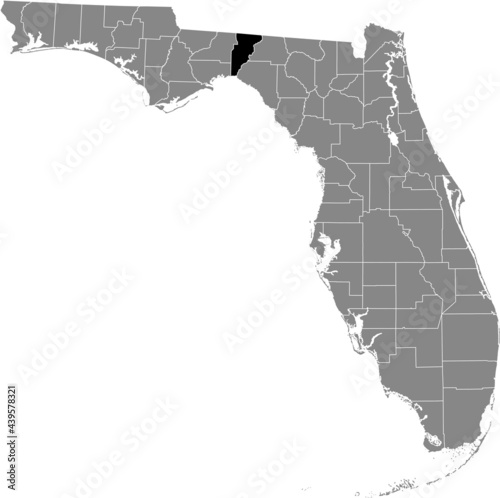 Black highlighted location map of the US Jefferson county inside gray map of the Federal State of Florida, USA