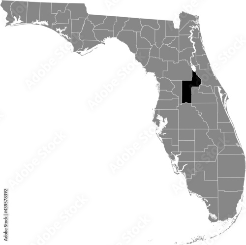Black highlighted location map of the US Lake county inside gray map of the Federal State of Florida, USA