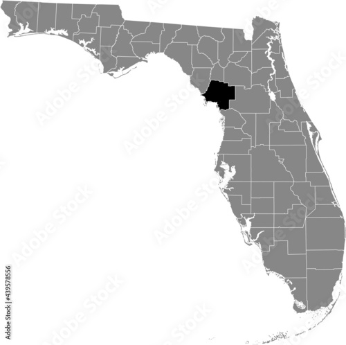 Black highlighted location map of the US Levy county inside gray map of the Federal State of Florida, USA