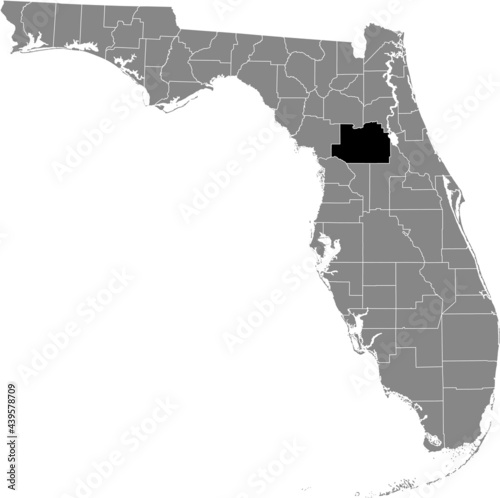 Black highlighted location map of the US Marion county inside gray map of the Federal State of Florida, USA