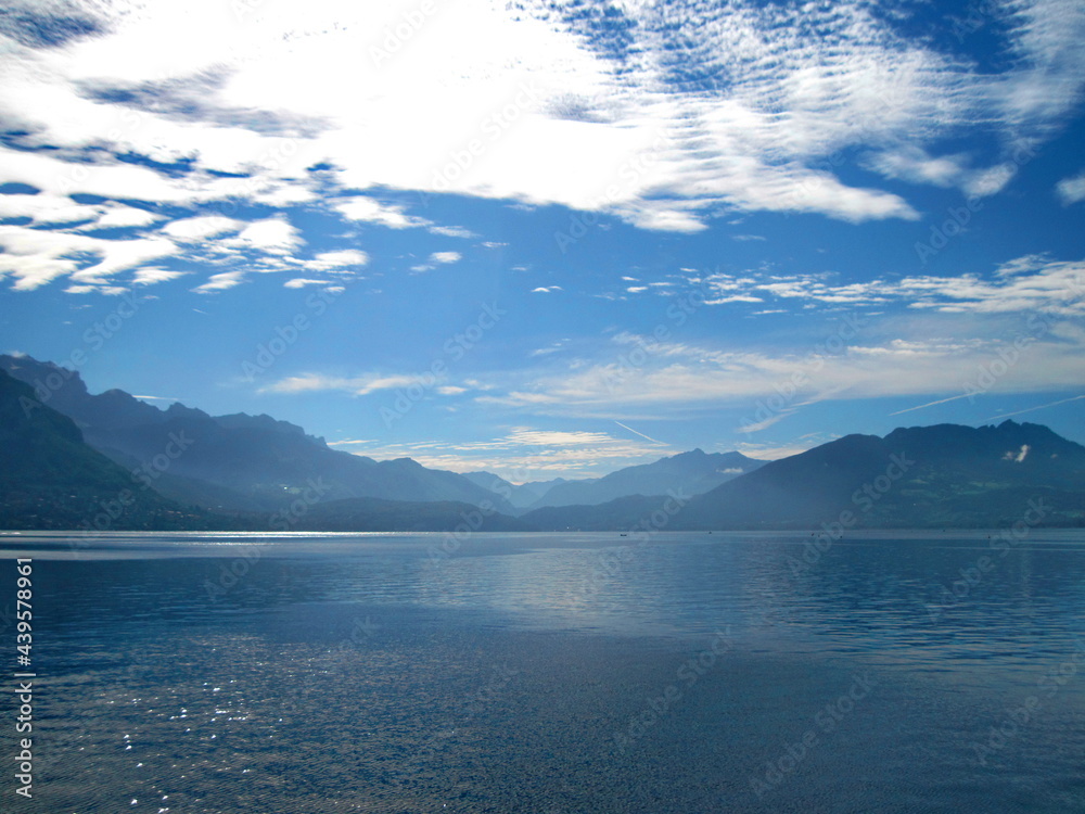 Scenic morning view of lake and mountains in Annecy, Haute Savoie, France. 