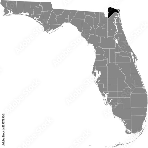 Black highlighted location map of the US Nassau county inside gray map of the Federal State of Florida, USA